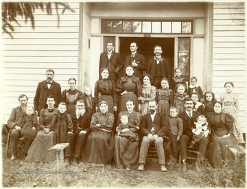 Large group of churchgoers gathered outside for a group portrait at the Sunday School convention in Grant County W. Va. 