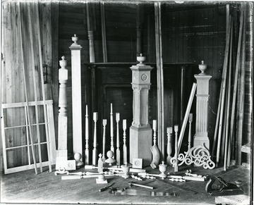 View of a large assortment of fabricated pieces of a staircase in process of being built in Greenbrier, W. Va.