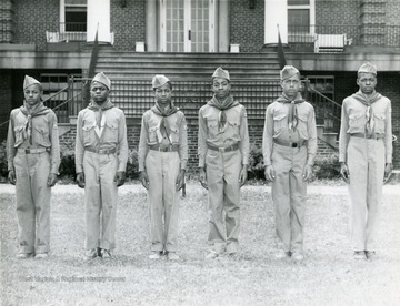 Group portrait of six African American boy scouts in uniform at the West Virginia Industrial School for Colored Boys.