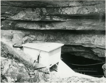 Unidentified man standing at the mouth of Organ Cave. Organ Cave is the second largest commercial cave in the United States. During the Civil War, Confederate General Robert E. Lee ordered the Organ Cave, among others, to be mined for nitre, which was needed to make gunpowder.