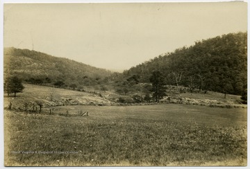 View of a fenced field near Nancy Hanks home. 'Looking east showing gap through which road in number three pictures enters the Doll Farm.'