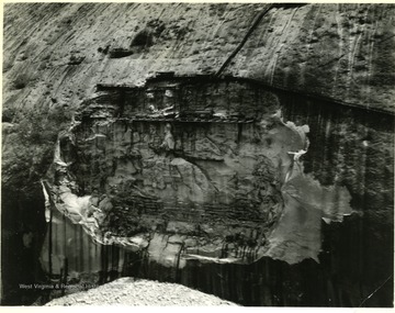 A close-up view of the three Confederate figures, Robert E. Lee, Thomas J. Jackson and Jefferson Davis carved in the face of the mountain. The photograph was sent in an envelope addressed to Mr. Anderson, The Bluefield Daily Telegraph in Princeton, Mercer County, West Virginia from Mr. Tom Bowling of Montgomery, Alabama.