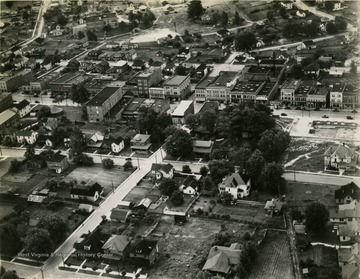 An aerial view of downtown Princeton from 1000 feet. 'This photograph was in an envelope adressed to Mr. Anderson of The Bluefield Daily Telegraph in Princeton, from Tom Bowling of Montgomery, Alabama.'