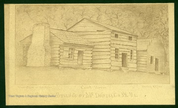 An ink engraving of the Clerk Office, Post Office, Court House, and Printing Office in McDowell County, W. Va.
