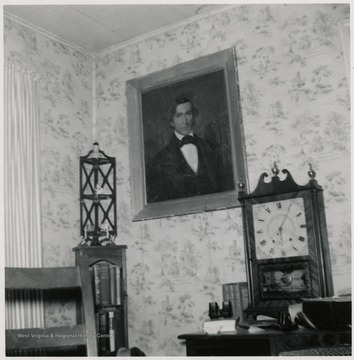 A portrait of James Madison Byrnside hanging on a wall.