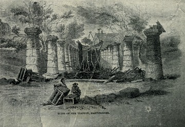 View of the Ruins of the Colonade Bridge (B. and O. R. R.) Destroyed by Gen. Stonewall Jackson in 1861.