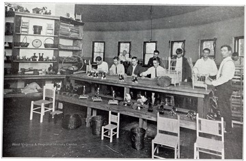 World War I veterans in a classroom making toys and baskets at Huntington State Hospital.