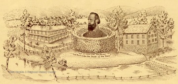 A drawing of Jackson's Mill and Stonewall Jackson with a quote underneath his portrait.