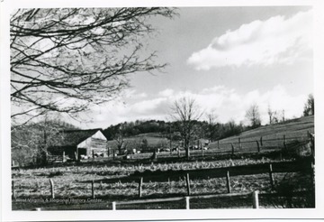 'The sheep barn on Ellison farm built by Jesse Ellison ca. 1835. Log barn had shed and loft added at later date.'