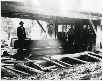 Three men standing inside George Hammer's saw mill.  Left to Right, J. C. Hammer, Harley C. Hammer, and Benjamin S. Hammer.