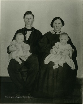 Ambrose Meadows born January 25, 1831.  Killed May 10, 1862, age 31 years, 3 months, 15 days.  Catherine C. Hammer born February 10, 1839.  Died August 19, 1876.  Married December 16, 1858.  Children in picture- twins, left to right, Bhebe, Mary, born October 28, 1859.