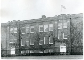 Front view of the high school at Harrisville.