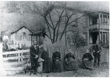 From left to right: Bill Mutsby, Jay Bayne, Jim Conaway, Harriet Cain Conaway, Mrs. Bayne, and Bell Maulsby, two unknown.