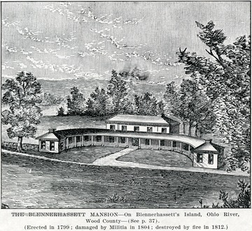 A drawing of the Blennerhassett Mansion located on Blennerhasset Island in Wood County on the Ohio River.  The mansion was erected in 1799, damaged by Militia in 1804, and destroyed by fire in 1812. 