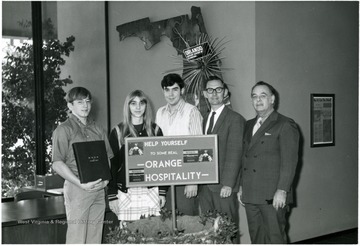 Record Book, Presidents in Orlando, Florida.  Left to right, David Gilkeson, Freshman President; Mary Holdren, Junior President; David Cressler, Senior President; Allen Gregory, Salutatorian '41; Dr. N. Myrle McClung, Class Sponsor '41.  McClung was valedictorian, 1932.