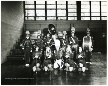 Band Seniors of Webster Springs High School.  Front row pictured left to right; Teresa Harris, Mary Holdren, David Gilkeson (drum major), Linda Wilson, Judith Cerwig.  Second row; Janice Gillis, Delta Booth, Dusty Hardway, Nancy Clevenger, Brenda Turner and David Cutlip.  Webster Springs, Webster County, W. Va.