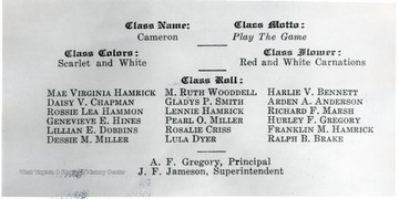 'Class name: Cameron, ClassMotto: Play the game, Class Colors: Scarlet and White, Class Flower:  Red and White Carnation, Class Roll:  Mae Virginia Hamrick, Daisy Chapman, Rossie Lee Hammon, Genevieve E. Hines, Lillian E. Dobbins, Dessie M. Miller, M. Ruth Wooddell, Gladys P. Smith, Lennie Hamrick, Pearl O. Miller, Rosalie Criss, Lula Dyer, Harlie V. Bennett, Arden A. Anderson, Richard F. Marsh, Hurley F. Gregory, Franklin M. Hamrick, Ralph B. Brake, A. F. Gregory Principal, James F. Jameson Superintendent