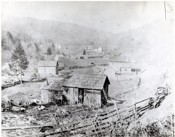 General view of Lobelia, Pocahontas County, W. Va.  Pre- date's logging railroad which ran through 1913.  Only church, barn, one house, and store standing in 1975.