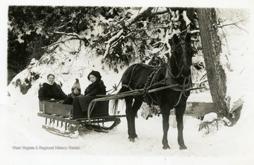 Two ladies and a child are enjoying a sleigh ride by a horse in Preston County, West Virginia.