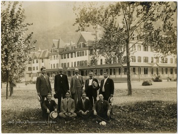 Group in front of Webster Springs Hotel: 300 rooms, built by Senator Johnson A. Camden. burned in 1926. Salt Springs made Webster Springs a popular resort.