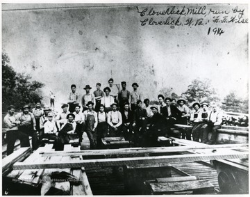 Group portrait of workers at the Cloverlick Mill run by F. S. Wise at Cloverlick, W. Va. ( Note: Although the photo is labeled F. F. Wise, the correct name is F. S. Wise.  Operating under the name F. S. Wise and Sons, Wise started up the mill in 1913 and sold it in 1917.  The next owner, A. D. Neill sold the operation to Raine Lumber Company in 1923.)