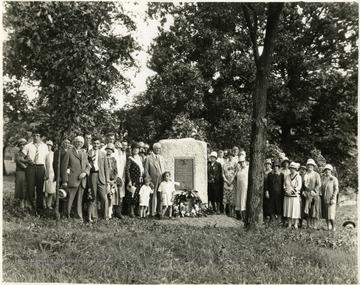 Dedication of marker at Price Memorial Cemetery. 'Price Memorial Cemetery, This tablet is dedicated to the memory of Revolutionary Soldiers killed near here by the Indians in 1778.  Jacob Statler, James Piles, Joseph Wade, John McDaniels, Michael Kiderling, and 13 other names unknown.  Placed by the Daughters of the American Revolution.'