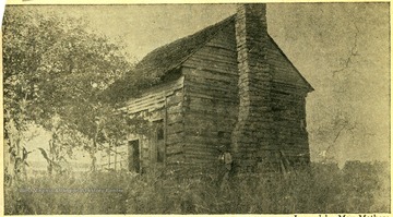 'Old log home of Coll. John Hanaway, located on what became known as the O. H. Dille farm. Gen. George Washington reportedly stopped there on a visit to this area.'