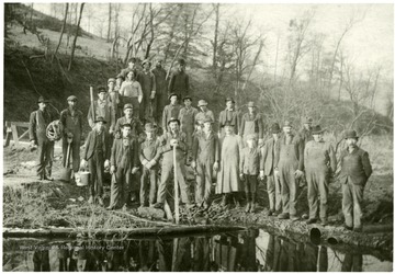 "This pipeline crew was laying the line that started on the Newt Michael Farm (Monongalia County) on Little Indian Creek.  This line connected with another at Ball (or Bald) Hill and then went on into Pittsburgh.  (This pipeline carried natural gas while others carried crude oil.)"