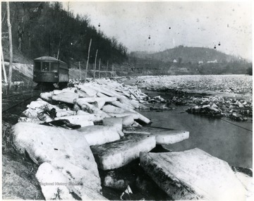 'The Jimtown Trolley, moving West along the Monongahela River near the town of Granville during the winter of 1918.' 