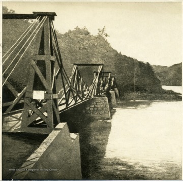 View of the old Gauley suspension Bridge. Replaced bridge was destroyed by Confederate forces. Built and destroyed by federal forces.