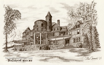 'The Halliehurst Mansion is the tenth print in the ALPHA series on West Virginia Architectural and Engineering Heritage.  In 1889, Senator Stephen Benton Elkins chose the site for what was to become one of West Virginia's grandest homes.  Set atop a steep hill, the site overlooked the newly-founded town that bore Elkins' name; the mansion itself was to be called "Halliehurst" - in honor of Elkins' wife, Hallie Davis Elkins.  From the beginning, the 56 room, 23,000 square foot mansion was hailed as a showplace.  It was patterned after a castle on the Rhine River that Mrs. Elkins admired while visiting Germany.  New York Architect Charles T. Mott created a sprawling three-story plan which featured exterior walls of lapped siding and cut shingles, a steep hipped roof, large towers and turrets, numerous dormers, and tall stone chimneys.  Later, rambling porches were added to the front and north facades.  Interior features included rich oak paneling, beaded trim work, and massive fireplaces framed in marble with hand-carved wooden mantelpieces.  It became the setting for elaborate social occasions, political caucuses, and business gatherings which attracted the elite from the region, including President Harrison, Andrew Carnegie and James Cardinal Gibbons.  After her huband's death, Hallie Elkins and her family continued to spend their summers at Halliehurst.  In 1923, however, she offerd to deed the entire Halliehurst estate over to another of the family's endeavors - Davis &amp; Elkins College.  Halliehurst then became the focal point of the new campus, and found new life as the college president's home.  Later uses included a women's dormitory, dining hall, music and arts classes, and finally a counseling center.  Today, the venerable mansion is completely restored to the style and spirit of its original decor, and houses the office of the president and other administrative offices.  About the Artist:  Colleen Simmons is the graphic artist and Interior Designer at ALPHA.  She graduated in 1989 with a Bachelor of Science in Interior Design at Florida State University.'