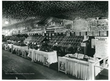 Two men are sitting at West Virginia exhibit booths at the Pittsburgh Land Show.