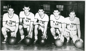Babes of the Wood who won 12 of 17 games during the season and a place in the National Invitation Tournament at New York.  Left to right- Bob Carroll of Wheeling, Jack Dial of Huntington, Jim Walthall of Princeton, Leland Byrd of Matoaka, Dave Wilson of Huntington.