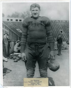Portrait of Joe Stydahar, a tackle on the West Virginia University Football Team 1933, 1934, and 1935. He was the captain of the football team in 1935 and all-time all pro.