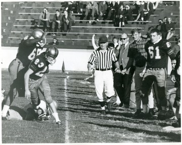 'Doug Stanley, '23' tailback carries ball.  Roger Alford, guard, behind him.  Backfield Coach Galen Hall, 'with glasses'; Walt Parashak, manager; and Allen Hoover, no. 61, look on.'