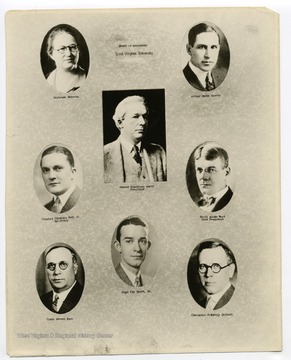 Portraits of members of the West Virginia University Board of Governors. First Column from top to bottom: Gertrude Roberts, Secretary Charles Thompson Neff, Jr., Frank Hennen Babb; Second Column from top to bottom: President Edward Grandison Smith, Hugh Ike Shott, Jr.; Third Column from top to bottom: Arthur Burke Koontz, Vice President David Allan Burt, Cleveland McSherry Seibert.