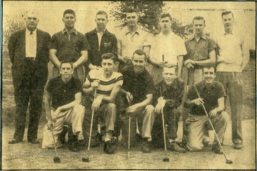 'This is the University golf squad that closed its schedule yesterday with seven victories in 12 matches.  Front row, left to right:  Bob Martin, Sam Stansburry, Bruce Davis, Dave Buck, Capt. Reggie Spencer, Standing -- Coach Errett Rodgers, Charles Donaldson, William Cowan, Dan Hicks, Harry Mulligan, Ed Cotherman, James Riley, student mgr.'
