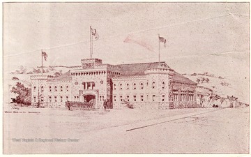 This drawing has the Armory with Corps of Cadets in front of the building.