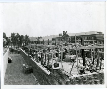Construction of Dadisman Hall, West Virginia University. 'Women's Hall Annex, West Virginia University, September 01, 1941, Morgantown, West Virginia. Tucker &amp; Silling Architects, Baker &amp; Coombs, General Contractors.'