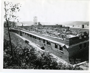 Construction of Dadisman Hall, West Virginia University. 'Women's Hall Annex, West Virginia University, October 01, 1941, Morgantown, West Virginia. Tucker &amp; Silling Architects, Baker &amp; Coombs, General Contractors.'