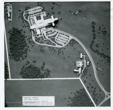 Model of Medical Center, West Virginia University. 'C.E. Silling and Associates: Architects. Schmidt, Garden, and Erikson: Associate Architects. James A. Hamilton Associates: Hospital Consultants.'