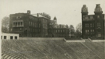 View of Woodburn Hall, Science (Chitwood) Hall, and Martin Hall from Mountaineer Field.