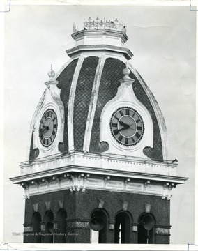 Close-up view of Woodburn Hall Clock Tower, West Virginia University.