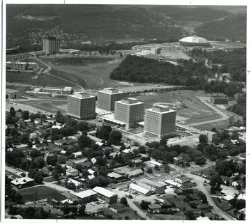 Aerial View of Engineering Building on the far left side; WVU Coliseum on far right side; Towers Dormitories on the WVU Evansdale Campus.