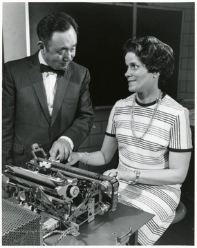 Professor I. M. Neov (Mechanical Engineering) with typewriter he designed for a blind typist.