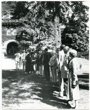 Left to right: President Irvin Stewart, C. E. Hodges (Board of Governors), E. J. Van Liere (medicine), P. I. Reed (dean of journalism), Professor Koehler (chemical engineering). Photo taken by Jack Hodge, first black graduate of West Virginia University.