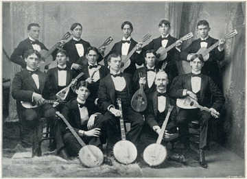 The mandolin players are John Wallace, C. W. Kramer, G. M. Mayers, H. F. Armstrong, C. F. Lowther, and A. L. Sattell.  The guitar players are B. S. White, C. P. Shumann, E. M. Pearcy, S. W. Hogsett, and C. H. Trippett.  The banjo players are W. F. Alexander, H. B. McClure, and John Wallace.  The officers are B. G. Moore (president), H. B. McClure (secretary-treasurer), and John Wallace (leader).