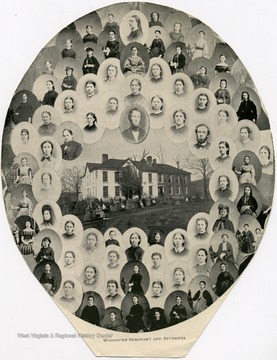 Center image is the Woodburn Seminary, encircled by miniature portraits of the faculty and students.