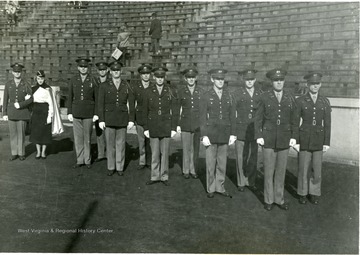 WVU ROTC Honor Guard in formal uniform with gloves pose in Mountaineer Field on November 15, 1952 on a Game Day against V.P.I.   