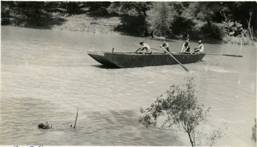 Four cadets in a open boat navigate with paddles.